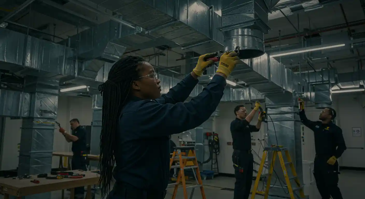 A female technician with dreadlocks and yellow gloves is working on the exposed overhead HVAC ductwork in a large industrial or classroom setting. She is connecting a cylindrical ventilation duct to a larger rectangular metal duct. Two other technicians are visible in the background, also working on the ceiling-mounted duct systems, one of whom is standing on a stepladder. The room has bright lighting and the ducts are a prominent feature.