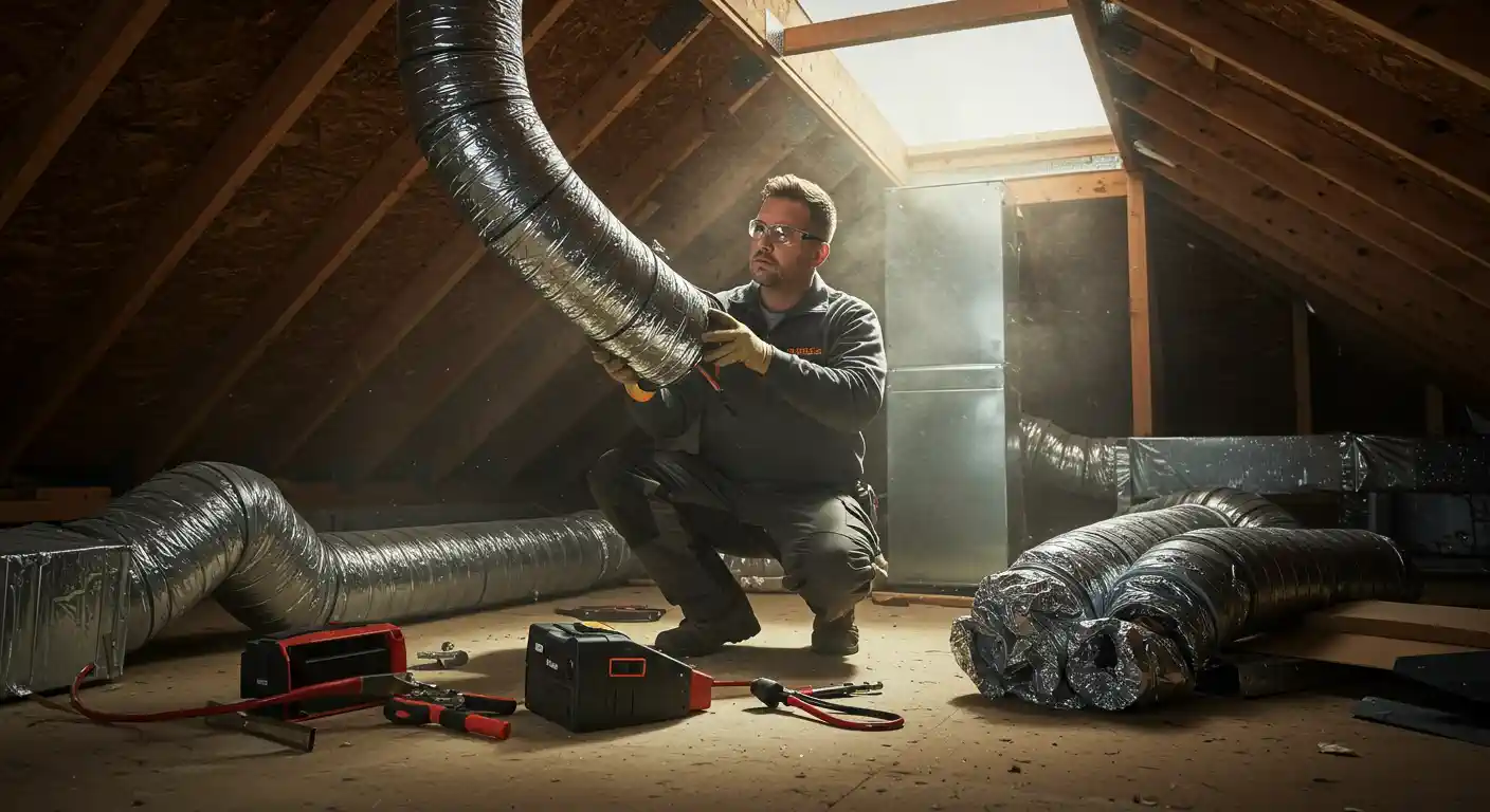  A male technician wearing safety glasses and work gloves is squatting in a dusty attic and handling a section of large, flexible, foil-wrapped ductwork. The attic features exposed wooden rafters and a bright skylight at the top. Several other sections of insulated ducting are visible on the floor around him, along with some red and black tools. The lighting suggests a focused, indoor workspace.