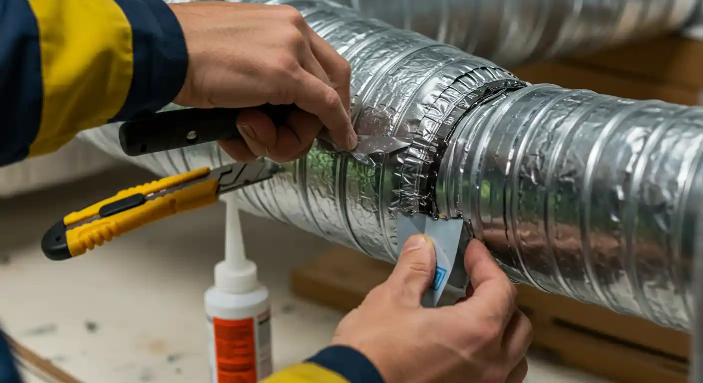  A close-up shot shows a technician's hands applying metallic foil tape to seal a joint on a section of flexible, insulated HVAC ductwork. One hand smooths the tape, while the other holds a knife or scraper for cutting. A yellow utility knife and a bottle of sealant or mastic are visible on the surface below the duct, indicating a focus on sealing and repairing the duct system.