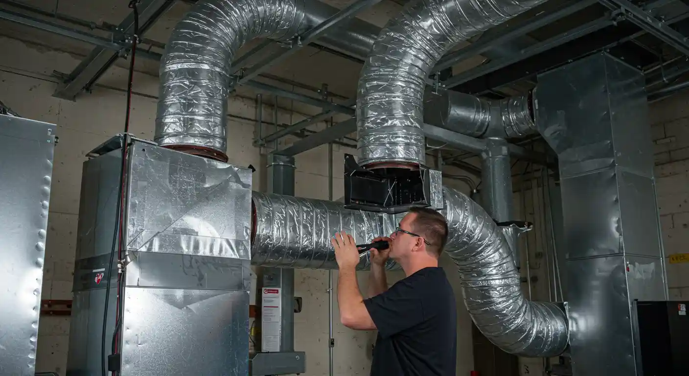 A male HVAC technician wearing glasses and a black shirt is working in a mechanical room, inspecting or adjusting a large industrial duct system. He is using a black handheld device, possibly a flashlight or inspection camera, near a joint where flexible silver ductwork connects to a large rectangular air handler unit. The ceiling is crisscrossed with unistrut support channels, and the room has bare concrete walls.