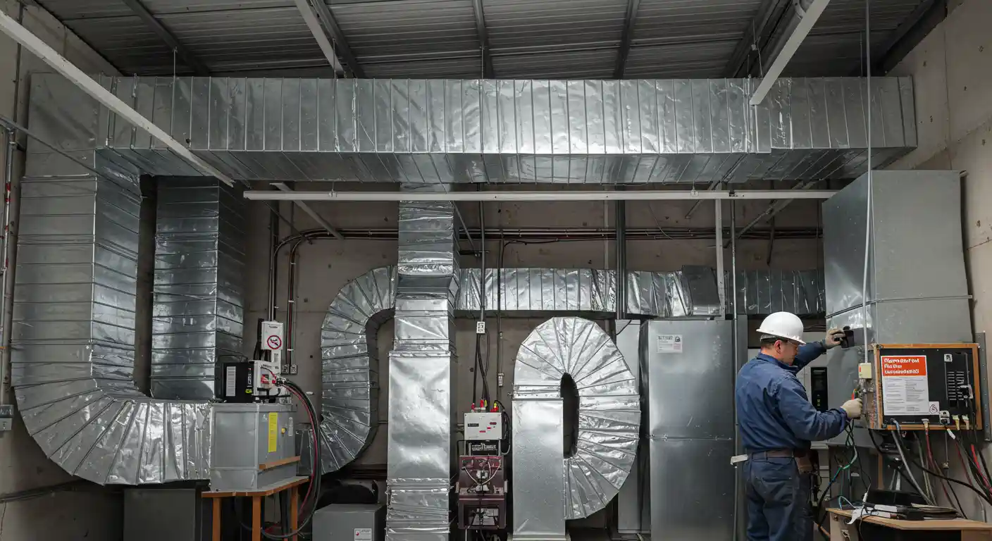  A wide shot of a mechanical room shows a large, complex system of exposed rectangular and curved galvanized metal HVAC ductwork running across the ceiling and down the walls. A technician wearing a white hard hat and blue work uniform is standing on the right, working on a control panel mounted on the wall. The ducts are connected to various air handling units and equipment in the room.