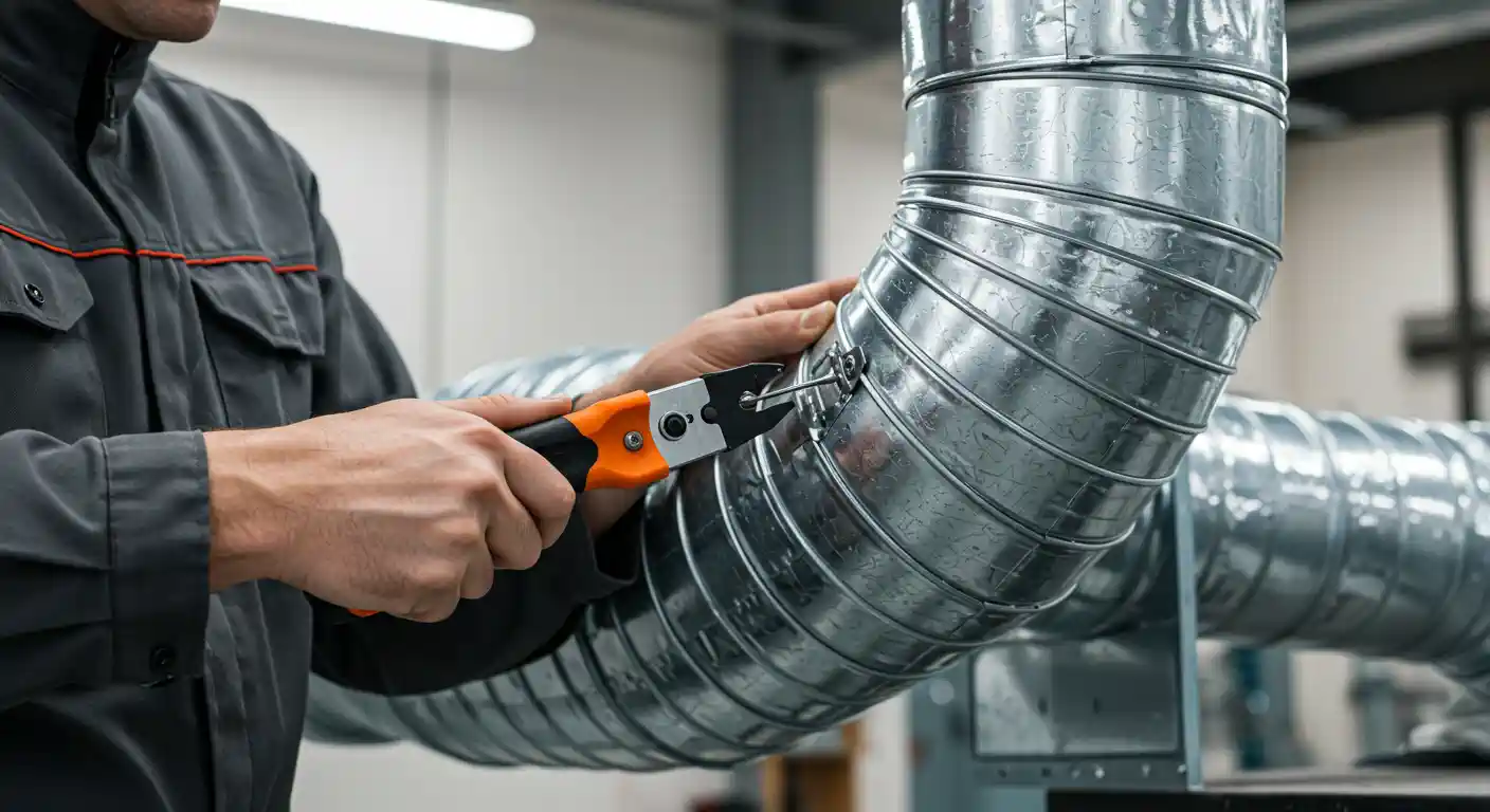  A close-up of a technician in a gray uniform is shown working on cylindrical spiral-seam galvanized steel ductwork. The technician is using a handheld tool, likely snips or cable cutters, to tighten or cut a fastener, such as a tie or band, on a connection point of the duct. The shiny metal duct curves down and extends into the background.