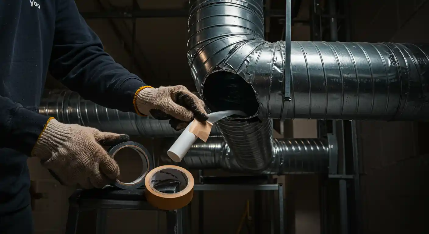 A close-up shot shows a technician wearing knit work gloves preparing to seal a breach in large spiral-seam metal ductwork. The technician holds a piece of white mastic or foil tape, with rolls of black and brown duct tape visible below. The damage appears to be at a joint or penetration point where a smaller duct was likely removed, creating a hole that needs sealing.