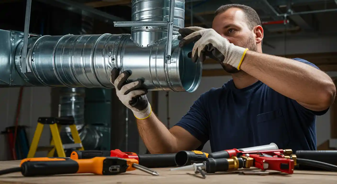  A close-up of a technician in a blue shirt and white gloves is shown installing a T-junction fitting into a line of cylindrical spiral-seam galvanized metal ductwork mounted overhead. His hands are aligning the section. A table in the foreground holds various tools, including a caulk gun, sealants, and other HVAC installation equipment.