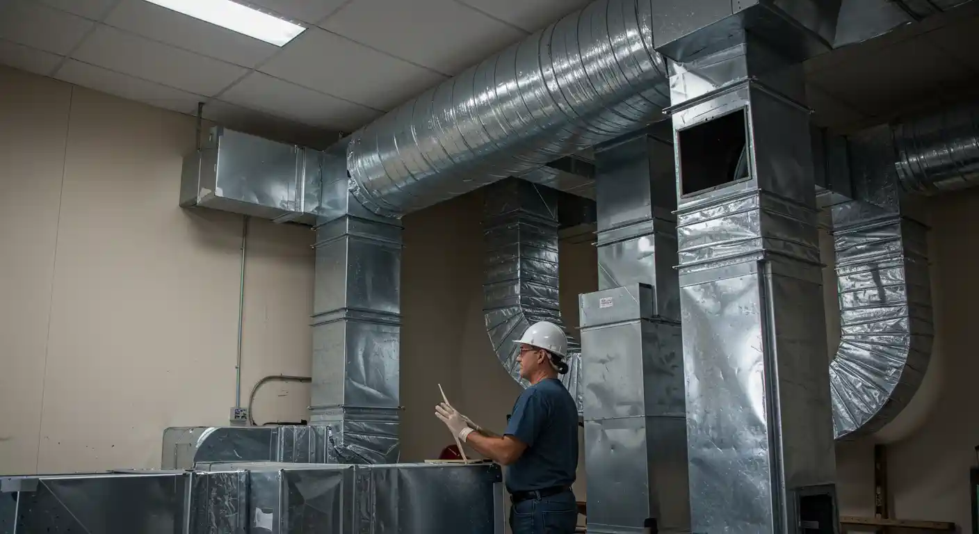  A HVAC technician wearing a white hard hat and gloves is working on a massive industrial duct system in a commercial building. He is reaching up to inspect or fasten the connection point of large, insulated, flexible silver ductwork to a rectangular metal plenum or air handling unit. The complex network of ducts dominates the view against the gray ceiling and walls.
