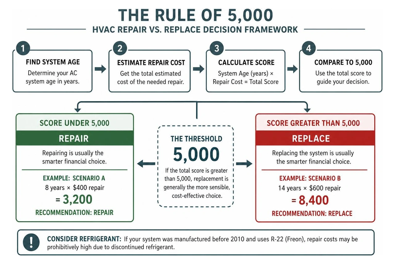 Diagram showing the Rule of 5,000 decision framework for HVAC repair vs replace Diagram showing the Rule of 5,000 decision framework for HVAC repair vs replace
