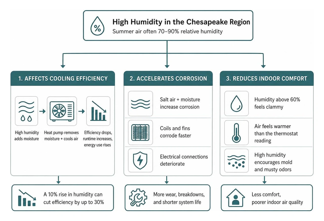 Infographic showing how high humidity in the Chesapeake region affects heat pump cooling efficiency, corrosion, and indoor
