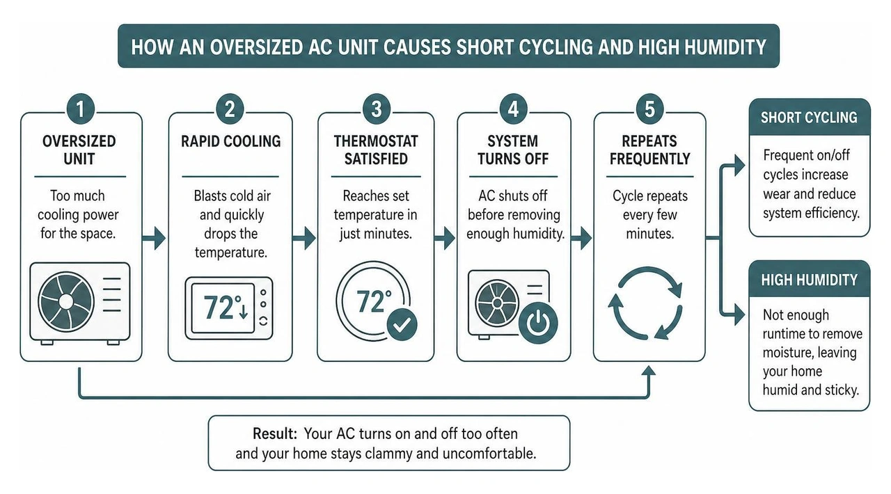Diagram of how an oversized AC unit causes short cycling and high humidity Diagram of how an oversized AC unit causes short cycling and high humidity