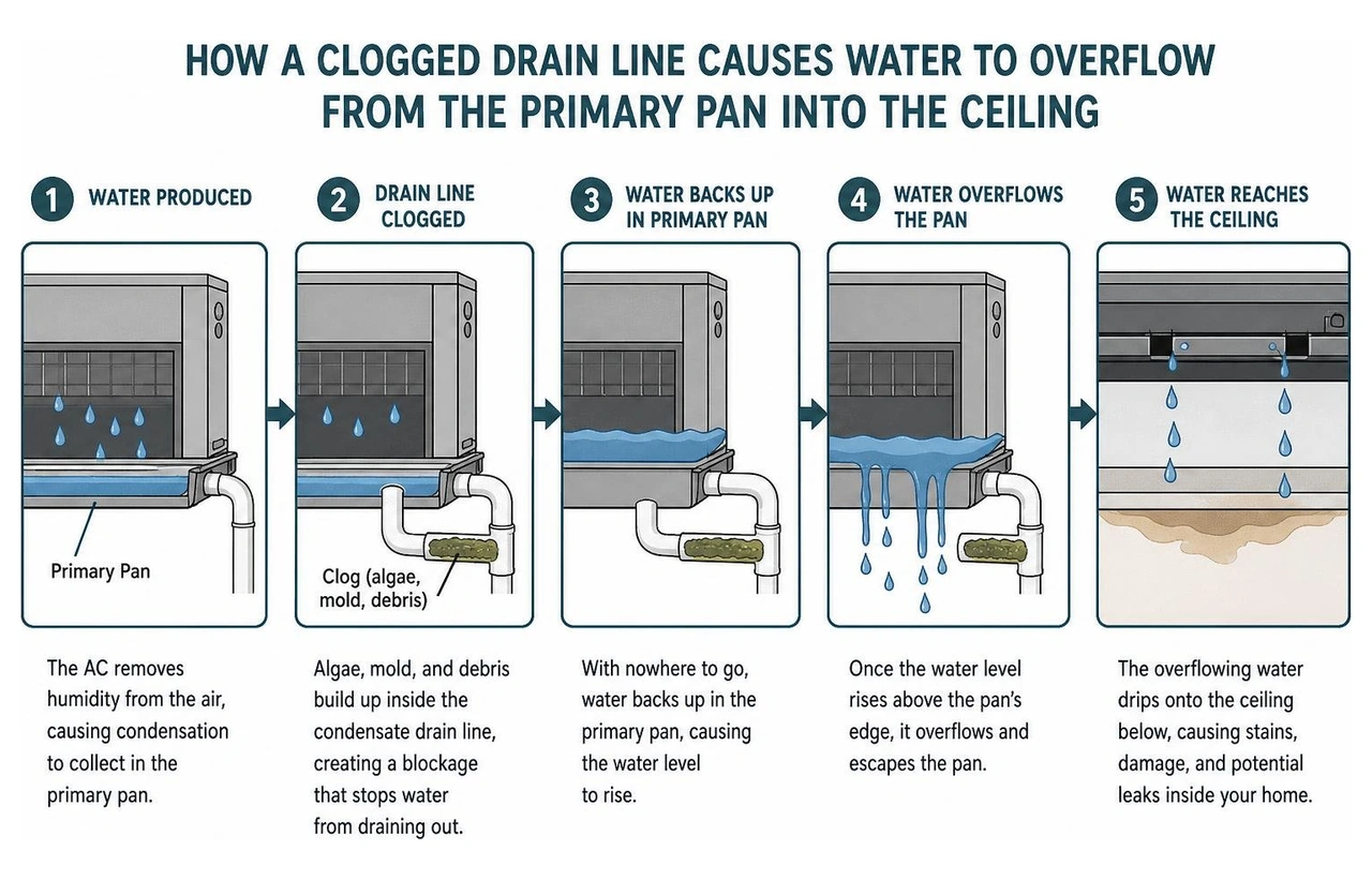 Diagram showing how a clogged drain line causes water to overflow from the primary pan into the ceiling Diagram showing how a clogged drain line causes water to overflow from the primary pan into the ceiling