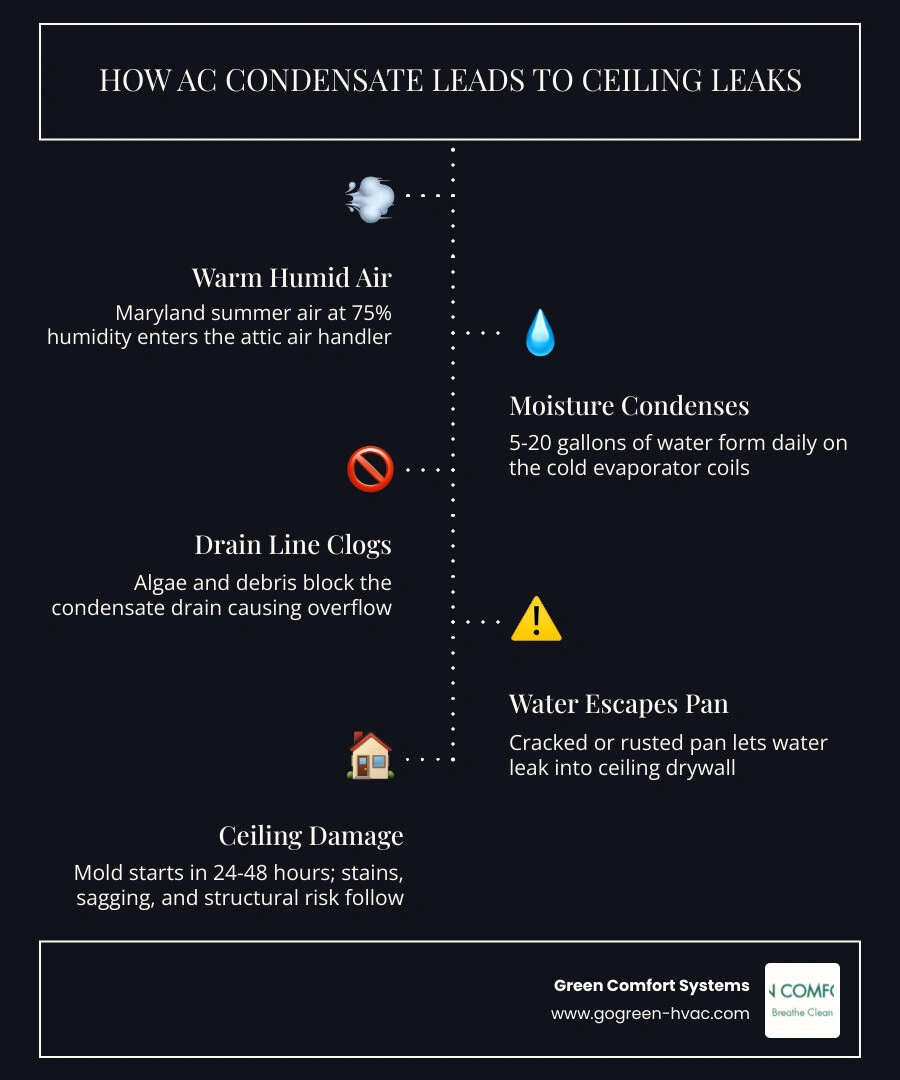 Infographic showing how AC condensate forms, drains, and causes ceiling leaks when the system fails infographic Infographic showing how AC condensate forms, drains, and causes ceiling leaks when the system fails infographic