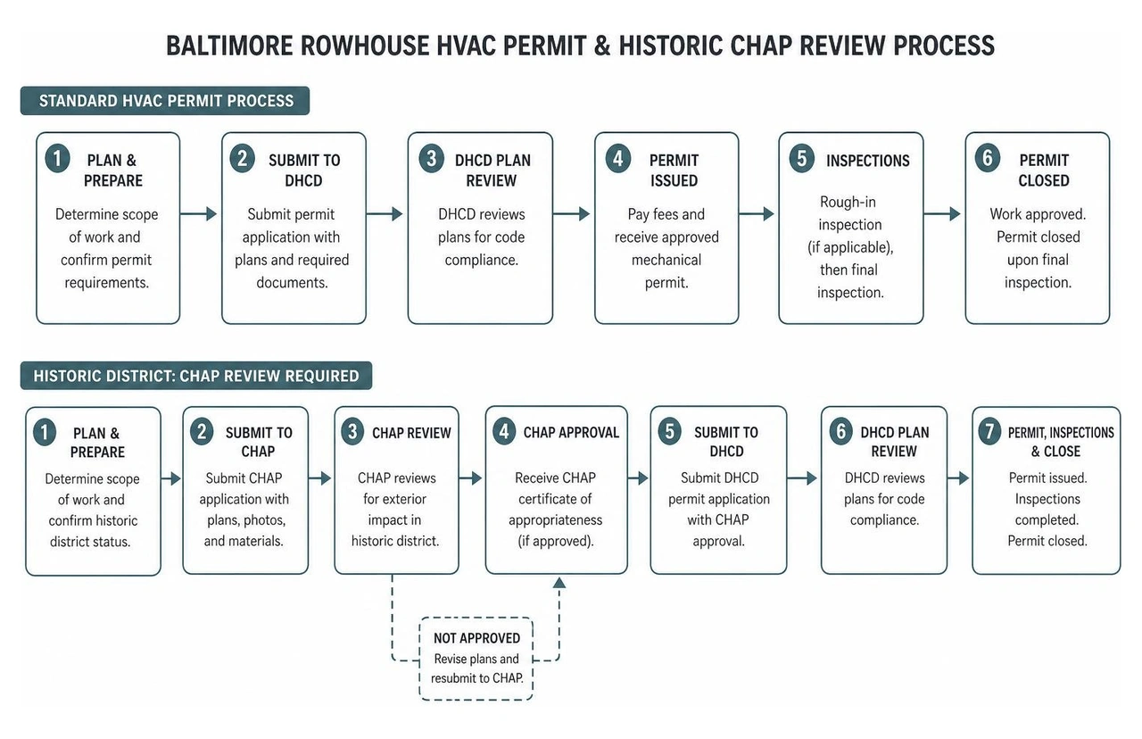 diagram of Baltimore rowhouse HVAC permit and historic CHAP review process diagram of Baltimore rowhouse HVAC permit and historic CHAP review process
