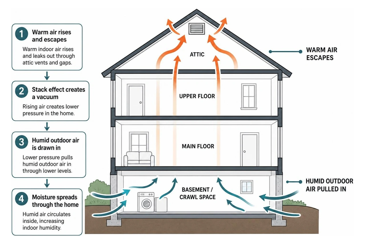 Diagram showing how the stack effect pulls humid outdoor air into a home through lower levels as warm air escapes through Diagram showing how the stack effect pulls humid outdoor air into a home through lower levels as warm air escapes through