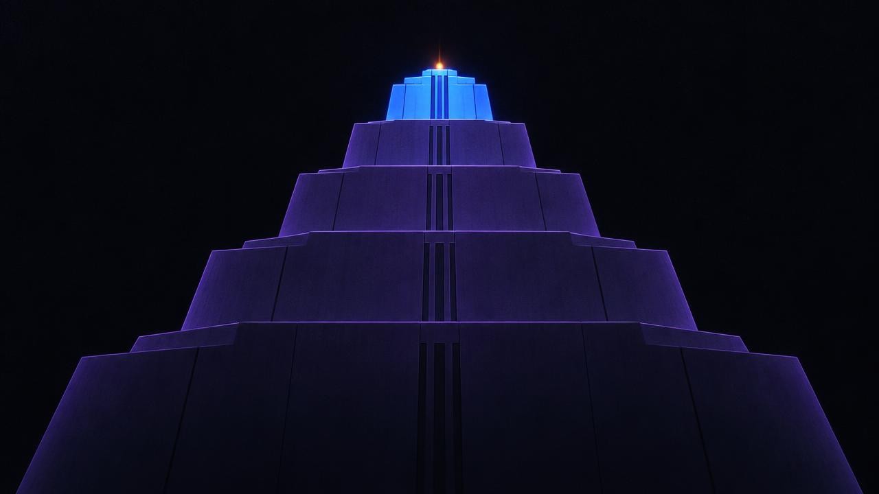 A huge stepped tower in the dark with only its small top tier lit in blue