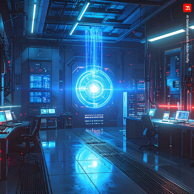 Industriële controlekamer met blauw-rode datalijnen die veilige en onveilige verbindingen tonen, en een quantum computer die energie uitstraalt.