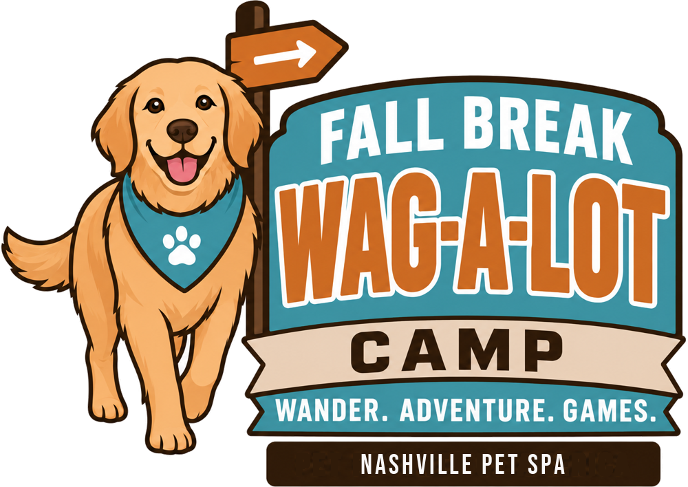 Fall Break Wag-A-Lot Camp at Nashville Pet Spa logo: Wander. Adventure. Games.