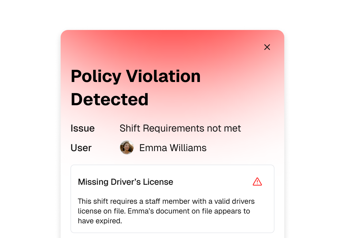 Teambridge blocking policy violation modal