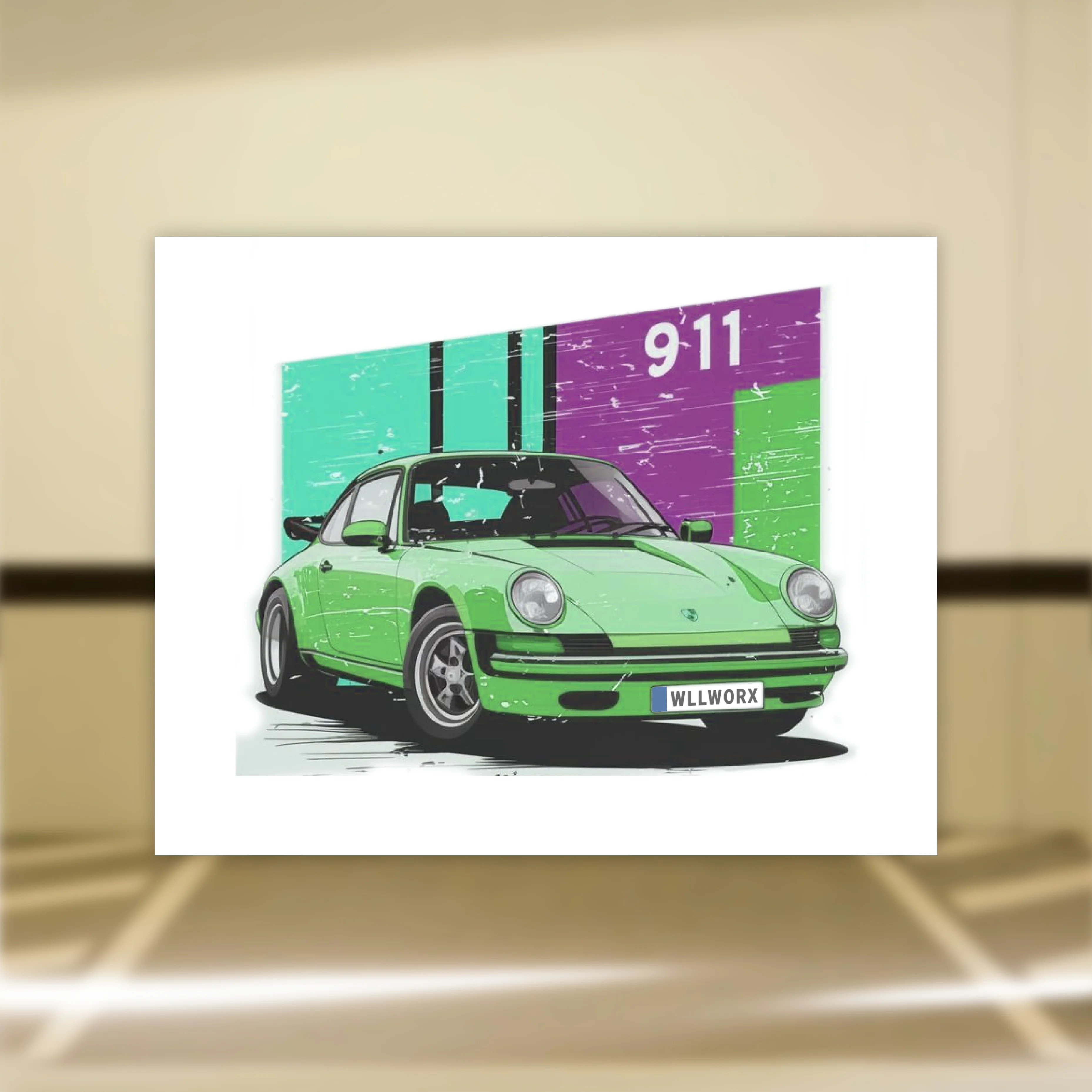Illustration eines grünen Porsche 911 vor einem farbigen Hintergrund mit den Zahlen 911.