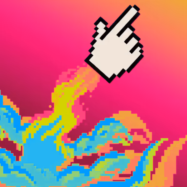 Pixelated hand cursor with colorful pixel art flames on a gradient pink and orange background.