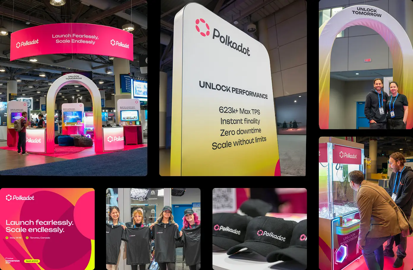 Polkadot booth at Consensus 2025 with bright branding, signage highlighting performance, giveaways, and interactive activities.