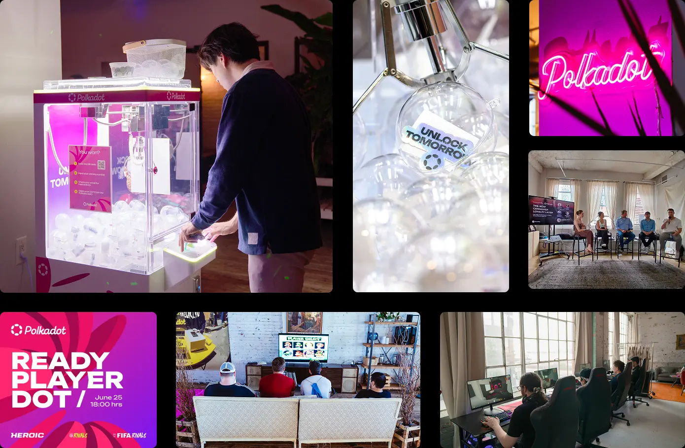 Polkadot at Permissionless 2025 with claw machine, neon logo, panels, esports setups, and community gaming events.