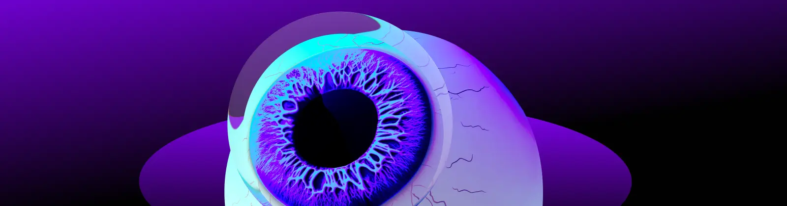Futuristic digital artwork of a glowing purple and blue eyeball with intricate iris details on a dark gradient background.