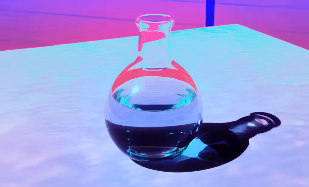 Glass flask with gradient background symbolizing distilling Polkadot messaging and blockchain strategy
