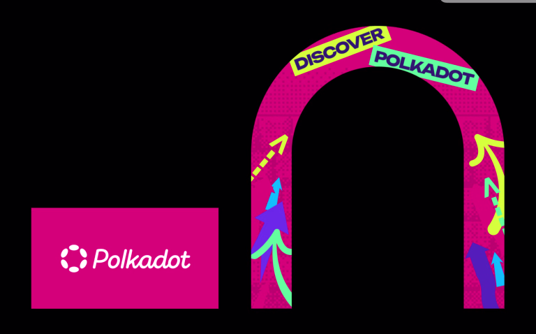 Vibrant pink archway with colorful arrows and 'Discover Polkadot' branding for blockchain exploration