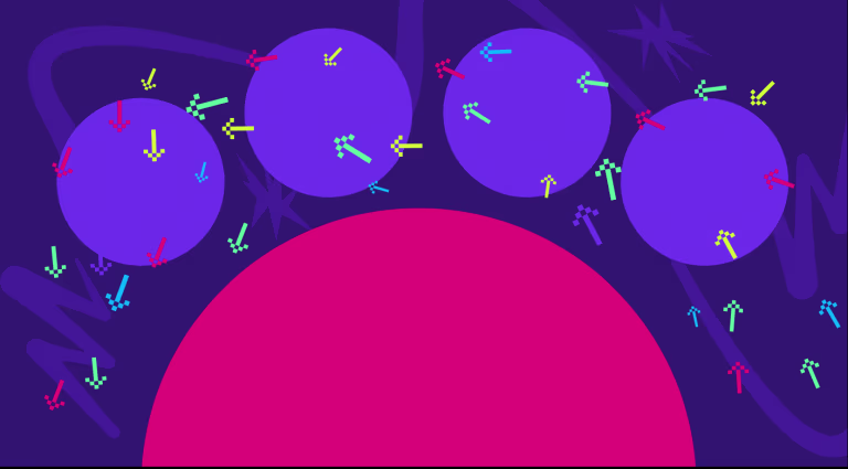 Colorful arrows pointing toward purple circles representing Polkadot's interconnected blockchain network