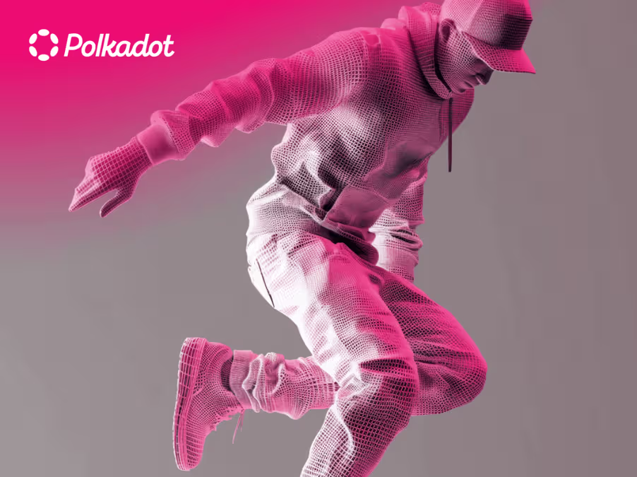 Pink wireframe dancer illustration representing Polkadot's dynamic brand story and innovation