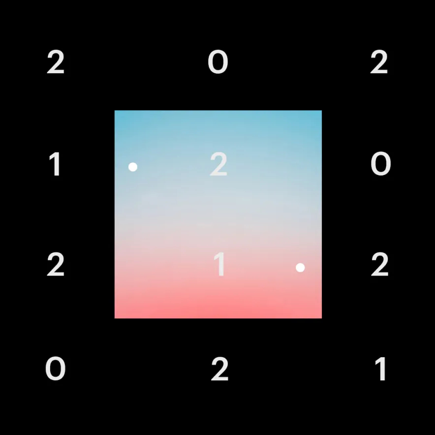 Blue to pink gradient square framed by the digits 2, 0 and 1 on black