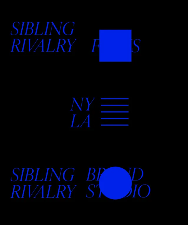 Sibling Rivalry typographic poster in blue on black with a square and a circle