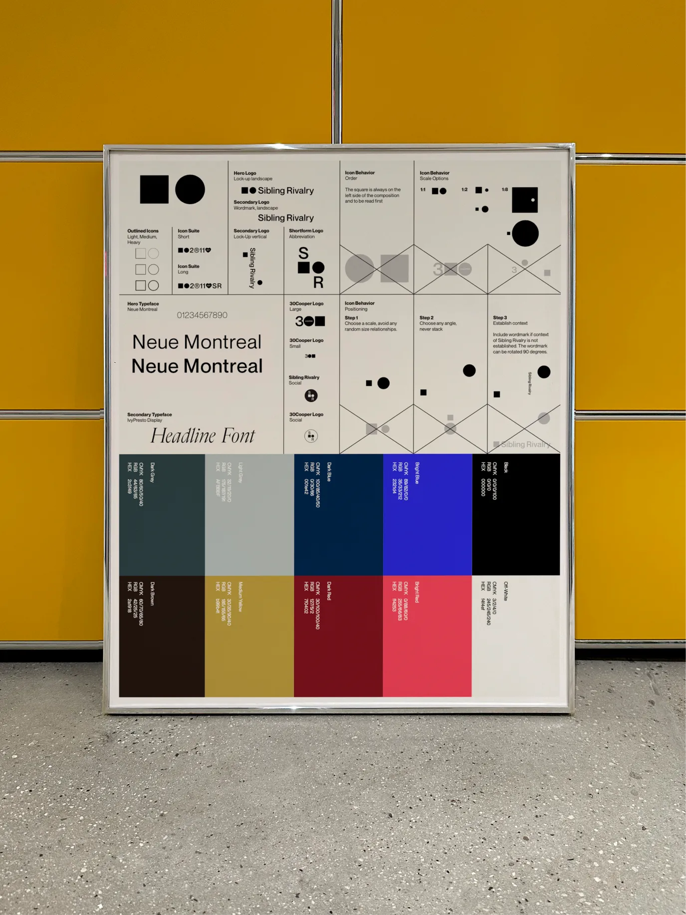 Sibling Rivalry brand system poster with type specimens and colour swatches, leaning on a yellow wall