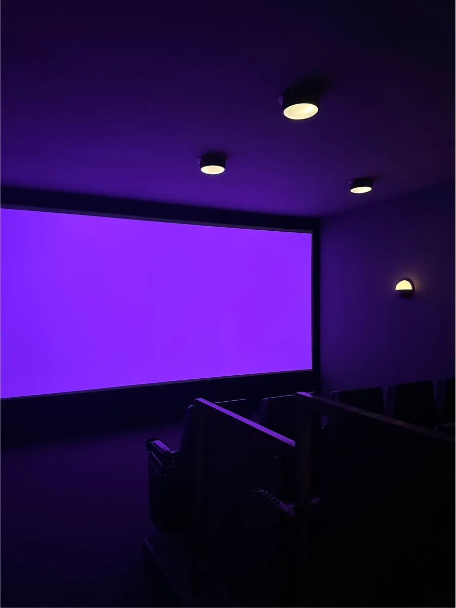 Dark screening room lit by a bright purple screen