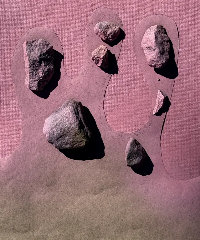 Stones resting in shallow imprints on pink sand