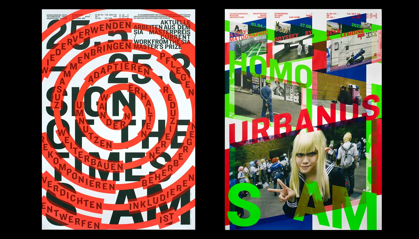 Two colorful posters side by side on black background. Left poster features red concentric spirals overlaying large dark green letters that spell '25.3 IN CHE STIMEM AM' with smaller red text words such as 'ADAPTIEREN' and 'NUTZEN' arranged along the spirals; the text includes German words and references to architecture and a Master's prize. Right poster shows a collage of urban photos: a blond person in a navy sailor outfit making a peace sign, a man standing near posters, and a person sitting outside by a building; overlaid text in green and red reads 'HOMO URBANUS SAM,' with additional smaller event and location details at the top.