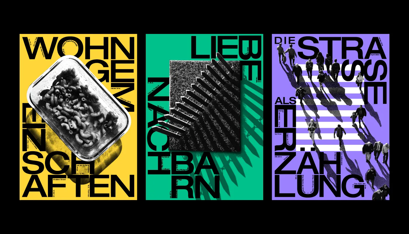 Three artistic rectangular posters side by side on a black background. The left poster has a yellow background with a black and white photo of a hand holding a dish of macaroni pasta, with large black text reading 'WOHN GEN SCHAFTEN.' The middle poster has a teal background with a black and white abstract image casting shadows in diagonal lines, overlaid with large black text, including 'LIEB BE NACH BARN.' The right poster has a purple background and shows an overhead view of people casting long shadows walking across a zebra crossing, with large black text reading 'DIE STRA SEN ER ÄH LUNG.' Each poster includes smaller text elements and dates.