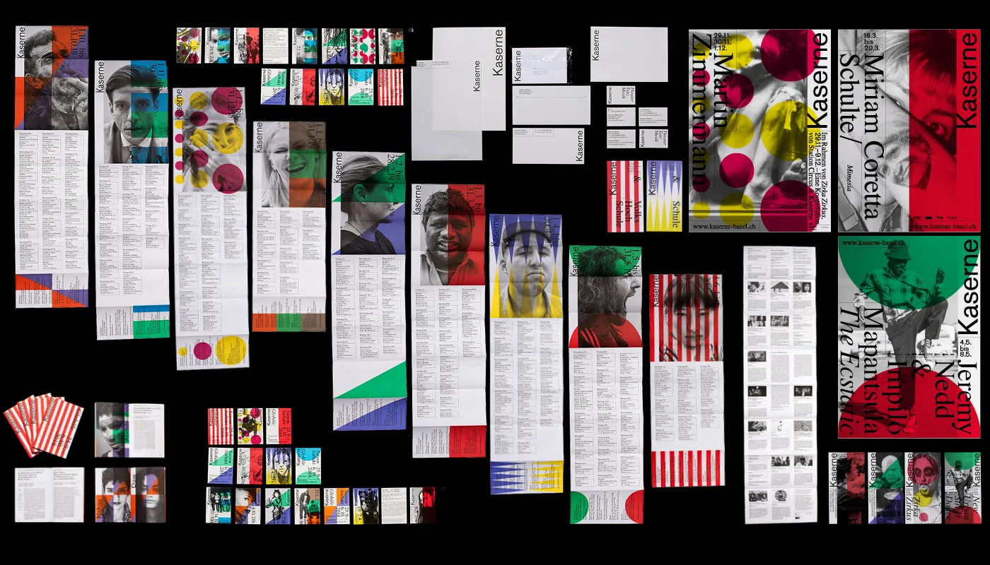 A diverse visual collection of printed materials including brochures, flyers, posters, and business cards with repeated branding 'Kaserne' showcasing colorful geometric designs and portraits in black and white overlaid with colored shapes on a black background.