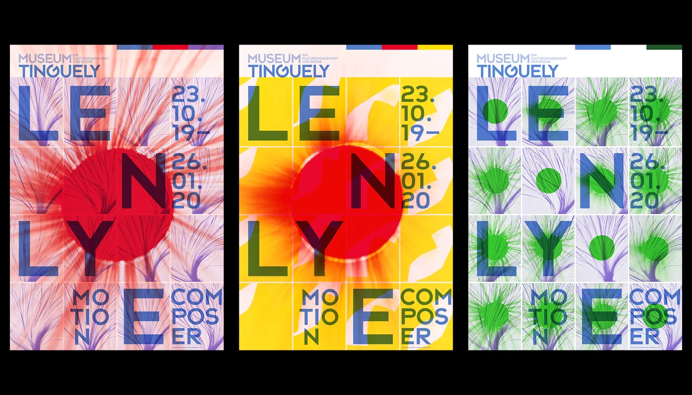 Triptych of colorful posters for Museum Tinguely's 'Lenyly' motion composer exhibit, displaying the dates 23.10.19 to 26.01.20, with abstract circular and feathery designs in red, yellow, and green color themes on a grid layout with blue text.
