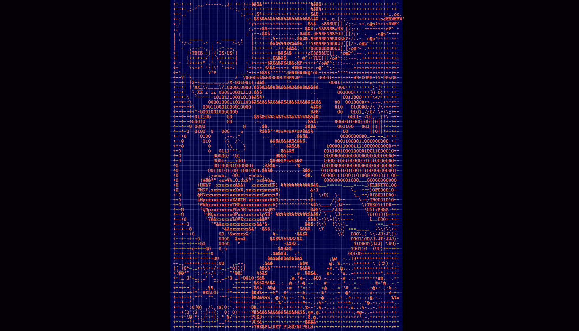 Digital art displaying a stylized DNA double helix in the center composed of red ASCII characters and binary code on a dark blue grid background, flanked by circular and atomic-like shapes and additional text elements in ASCII and binary formats.