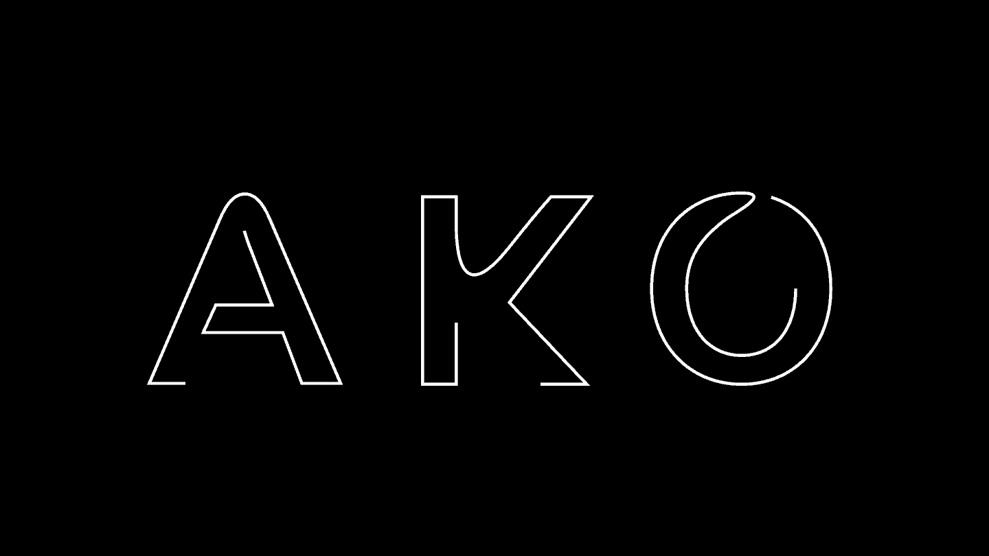 Black background with the word 'AKO' written in white outlined uppercase letters in a modern, stylized font.