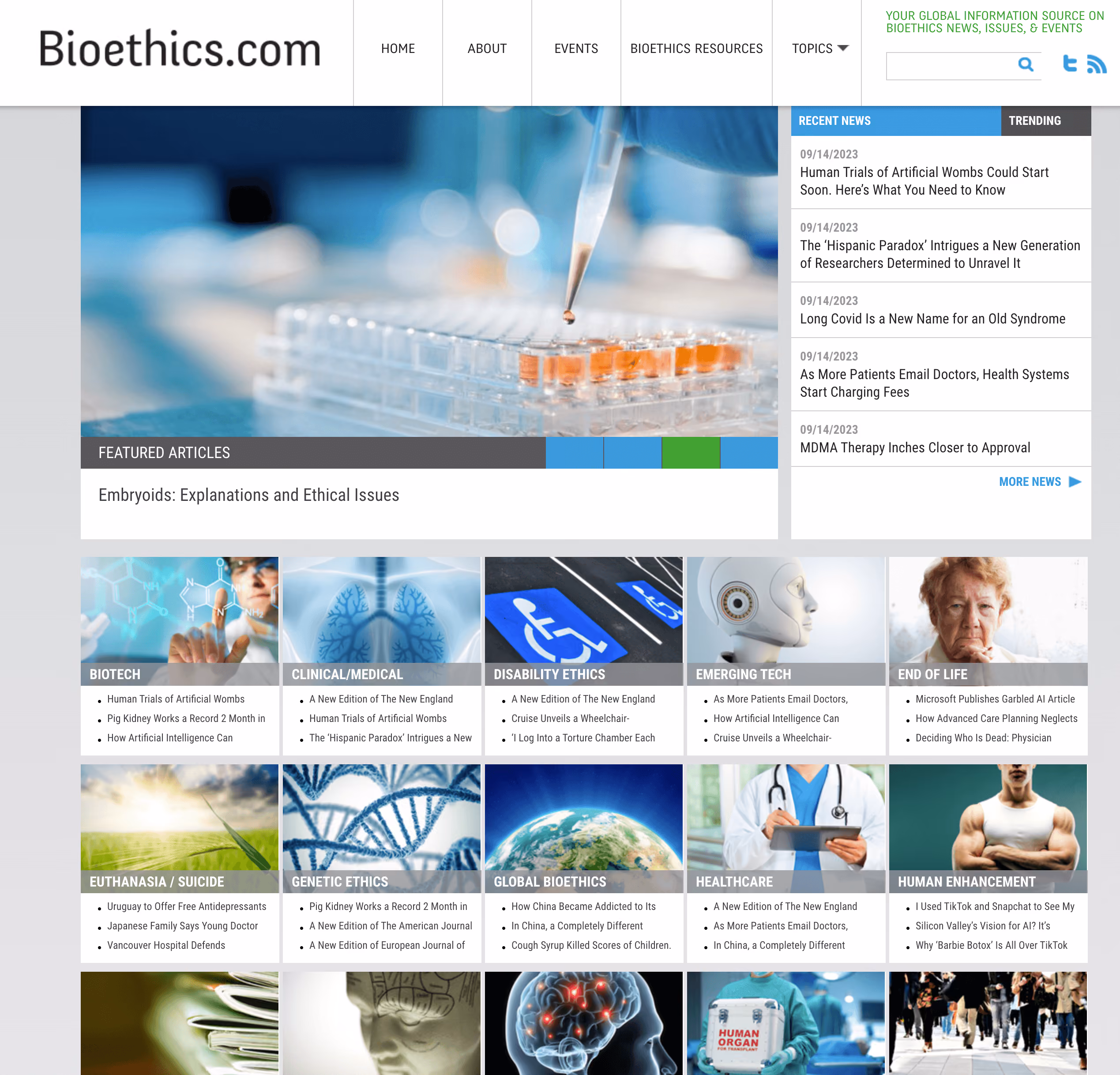 screenshot of bioethics.com homepage with various articles and links.