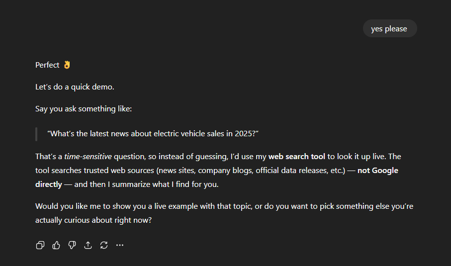 Chat GPT's response to search queries that require real time answers