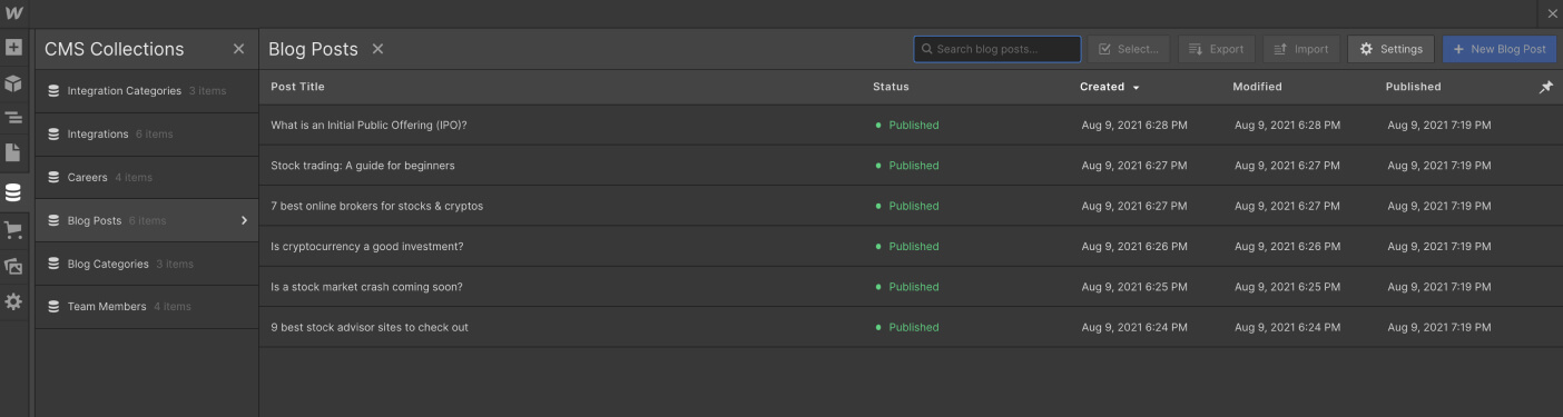 Colección CMS - Plantilla Webflow Dark X