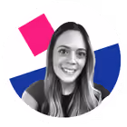 Portrait photo of a smiling woman with long hair in a circular frame with pink and blue shapes.