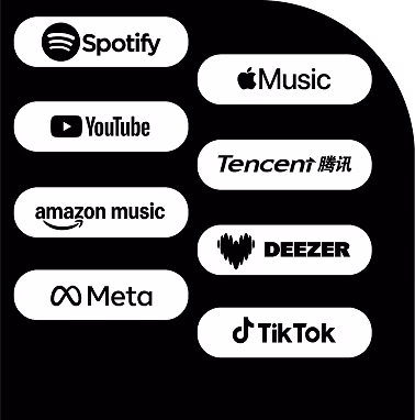 Logos of Spotify, YouTube, Amazon Music, Meta, Apple Music, Tencent, Deezer, and TikTok on black background.