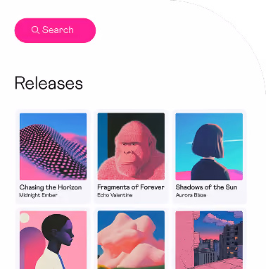 Digital music release catalog with search button and six album covers featuring abstract and portrait art.