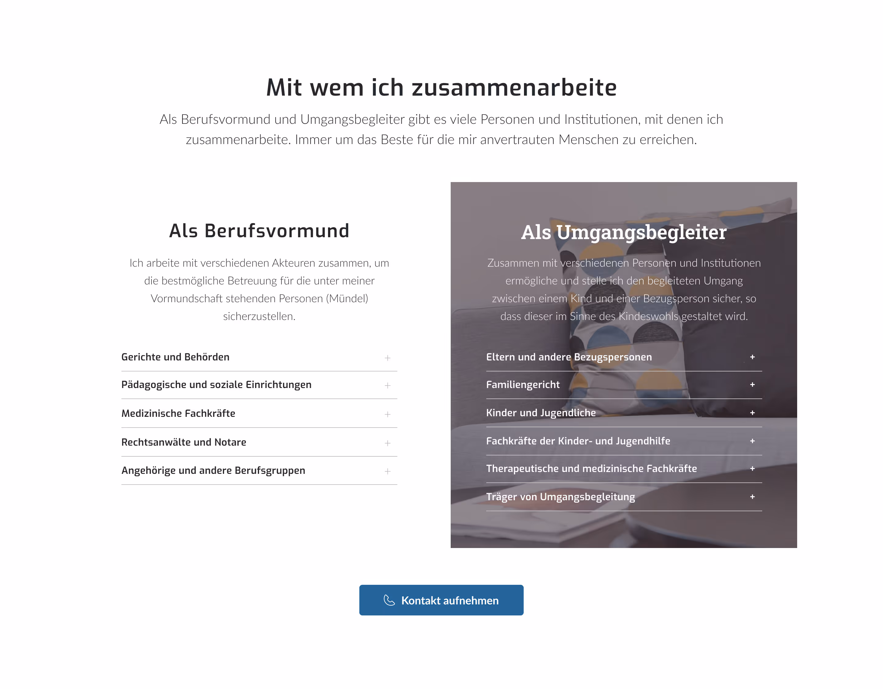 Textseite mit Überschrift 'Mit wem ich zusammenarbeite' und Beschreibungen zu Berufs Vormundschaft und Umgangsbegleitung mit Listen von beteiligten Personen und Institutionen.
