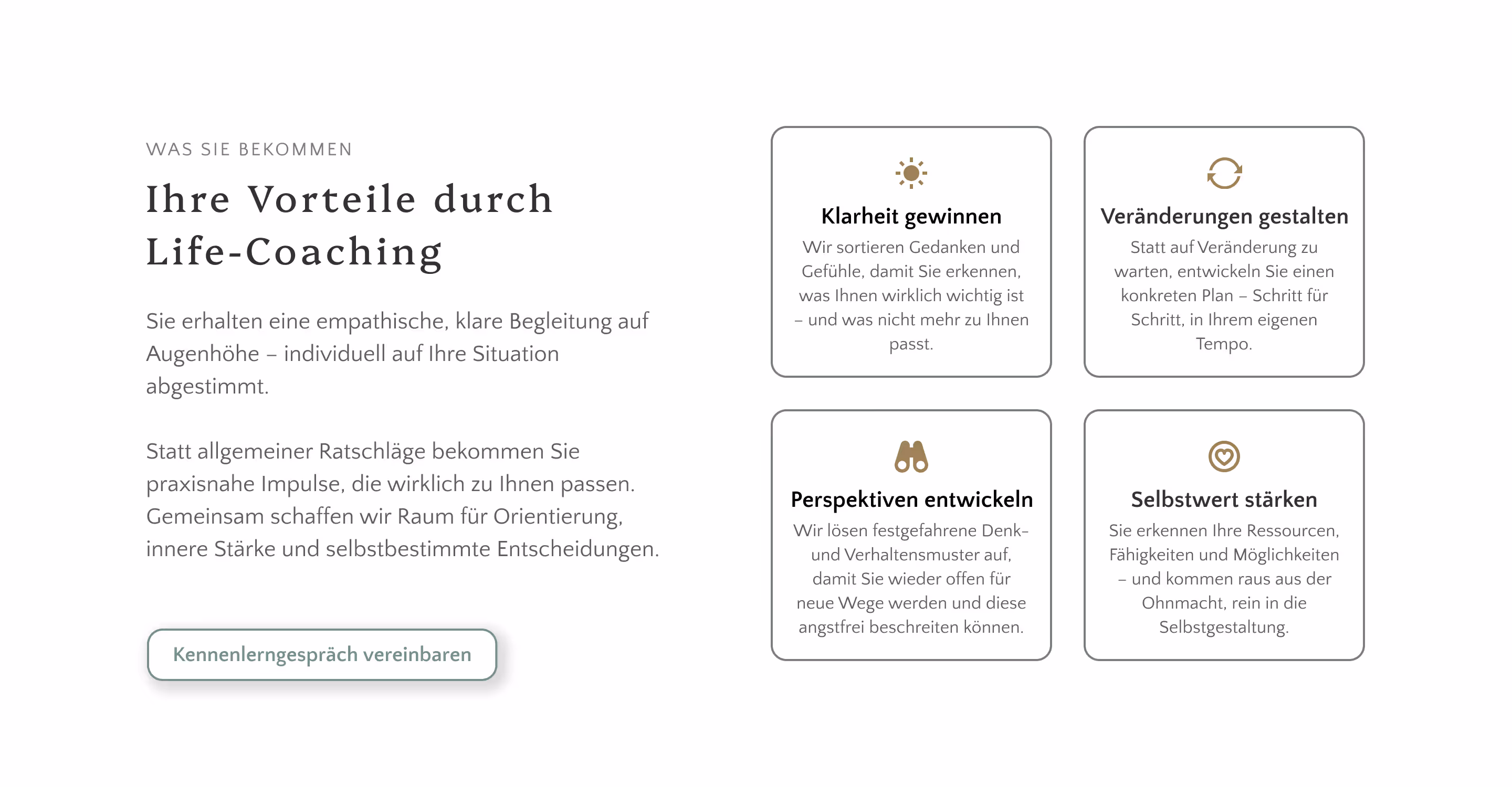 Übersicht mit Vorteilen des Life-Coachings: Klarheit gewinnen, Veränderungen gestalten, Perspektiven entwickeln, Selbstwert stärken, sowie Text und Button für Kennenlerngespräch.