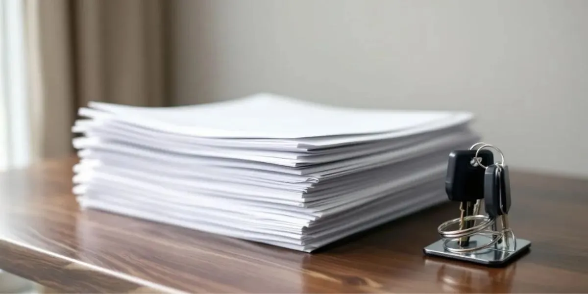 A stack of neatly organized property documents sits on a wooden desk, accompanied by a set of house keys. The documents include essential house purchase documents such as the energy performance certificate, land registry records, and mortgage deed, all cru