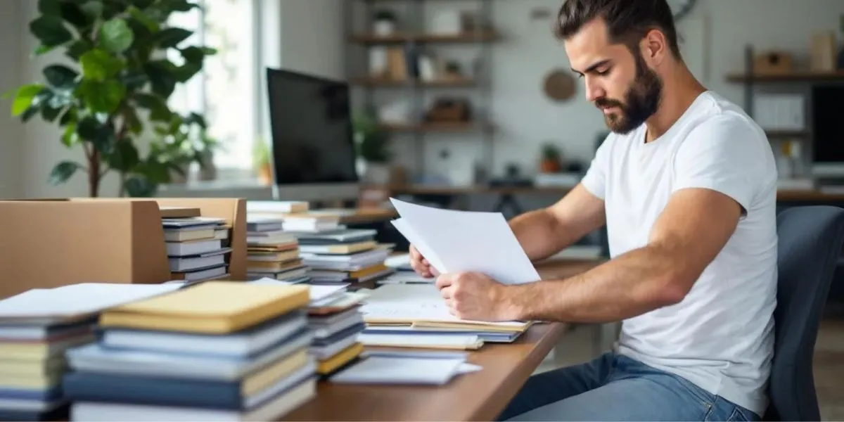 A homeowner is seen organizing essential house purchase documents in a secure filing system, including items like the energy performance certificate, mortgage deed, and land registry records. This careful arrangement ensures easy access to key documents re